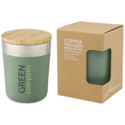 Bicchiere termico in acciaio inossidabile con isolamento sottovuoto in rame e coperchio in bambù da 330 ml Lagan