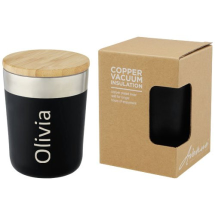 Bicchiere termico in acciaio inossidabile con isolamento sottovuoto in rame e coperchio in bambù da 330 ml Lagan