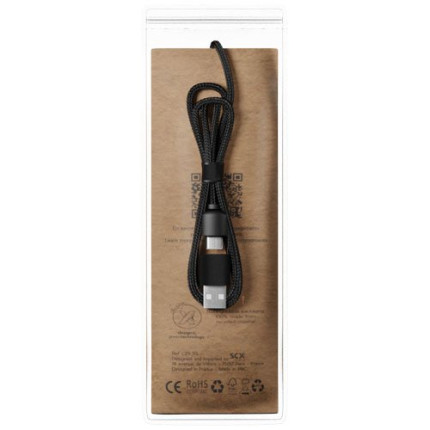 Cavo di ricarica 5 in 1 in rPET riciclato con logo luminoso e custodia rotonda in legno SCX.design C37