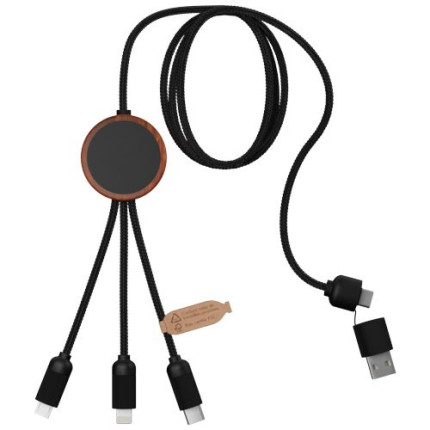 Cavo di ricarica 5 in 1 in rPET riciclato con logo luminoso e custodia rotonda in legno SCX.design C37
