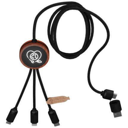 Cavo di ricarica 5 in 1 in rPET riciclato con logo luminoso e custodia rotonda in legno SCX.design C37
