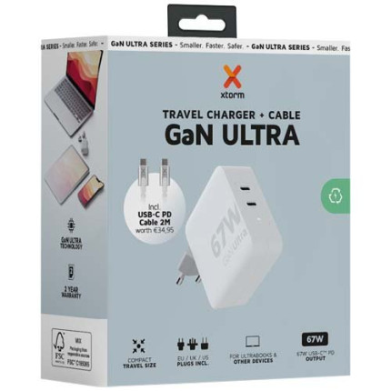 Caricabatterie da viaggio da 67 W con cavo USB-C PD da 100 W Xtorm XVC2067 GaN Ultra