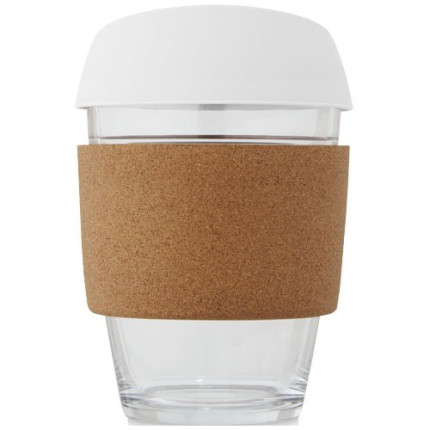 Bicchiere da 360 ml in vetro borosilicato con impugnatura in sughero e coperchio in silicone Lidan