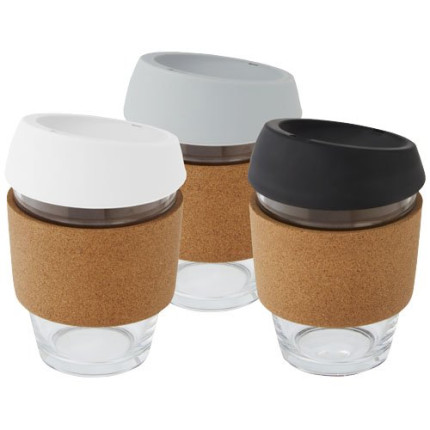 Bicchiere da 360 ml in vetro borosilicato con impugnatura in sughero e coperchio in silicone Lidan