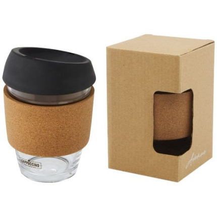 Bicchiere da 360 ml in vetro borosilicato con impugnatura in sughero e coperchio in silicone Lidan