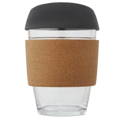 Bicchiere da 360 ml in vetro borosilicato con impugnatura in sughero e coperchio in silicone Lidan