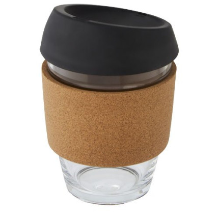 Bicchiere da 360 ml in vetro borosilicato con impugnatura in sughero e coperchio in silicone Lidan
