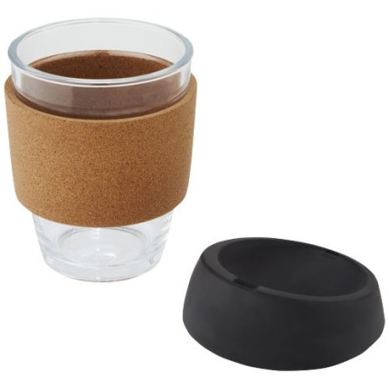 Bicchiere da 360 ml in vetro borosilicato con impugnatura in sughero e coperchio in silicone Lidan
